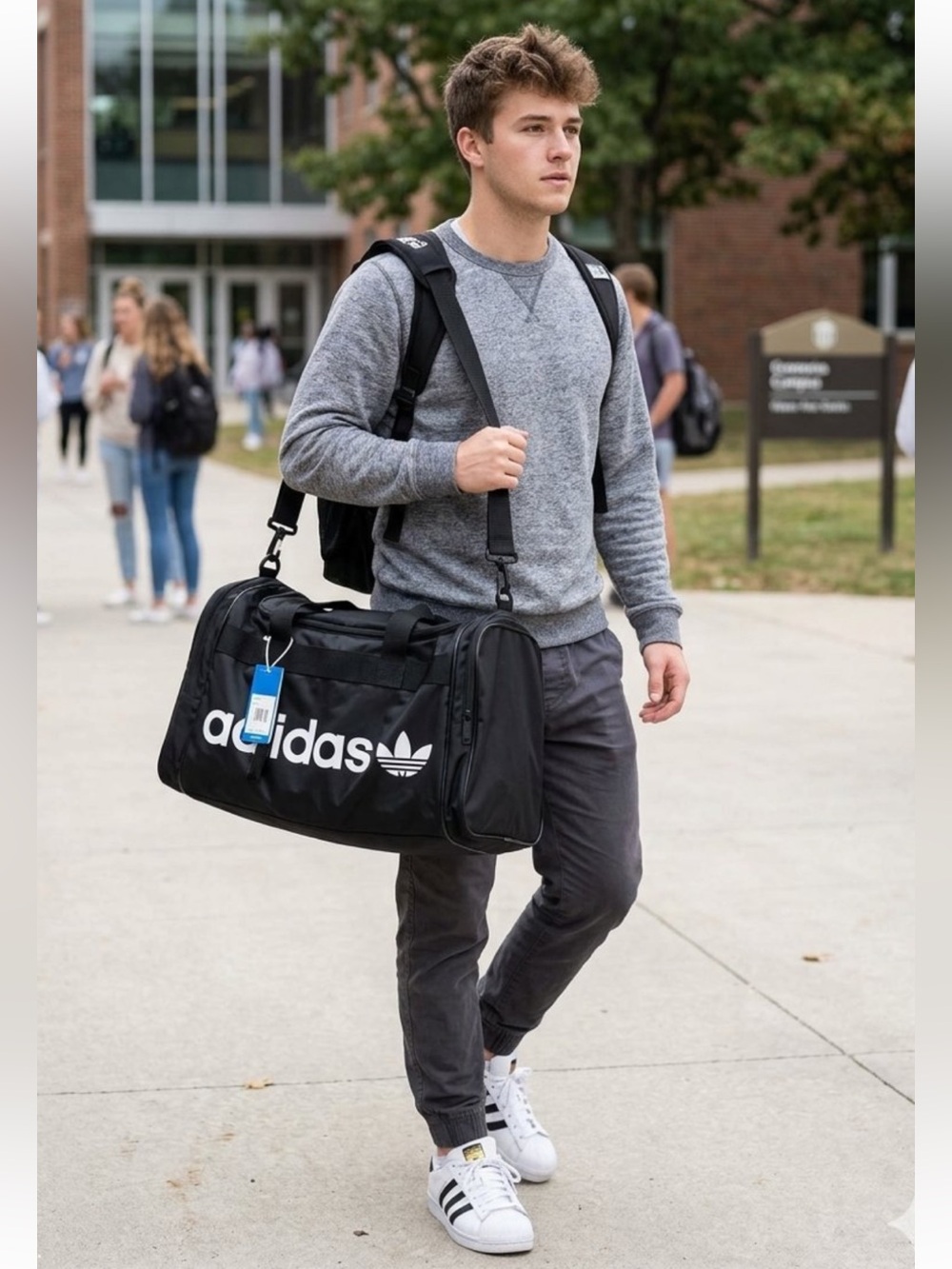 adidas Santiago Large Black Duffel Bag with White Logo 19.5”X11”X11” New
